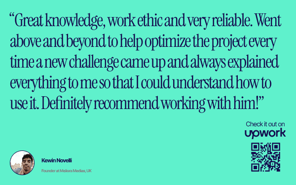 Témoignage client de Kewin Novelli publié sur Upwork